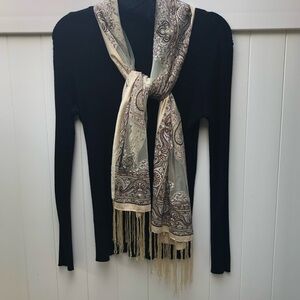 Boho Sheer Paisley Scarf Wrap with Fringe - Cream Brown - Silver Sparkle